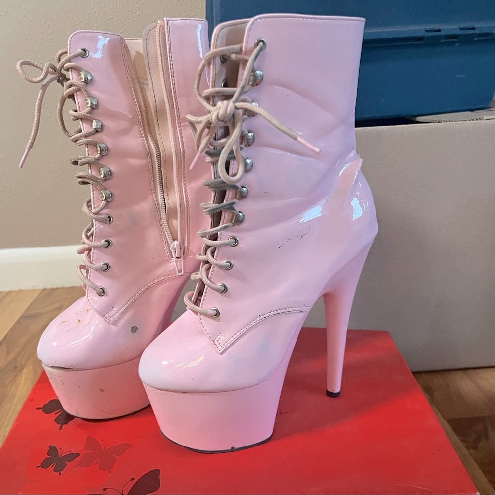 Baby pink pleaser heels. Size 8
